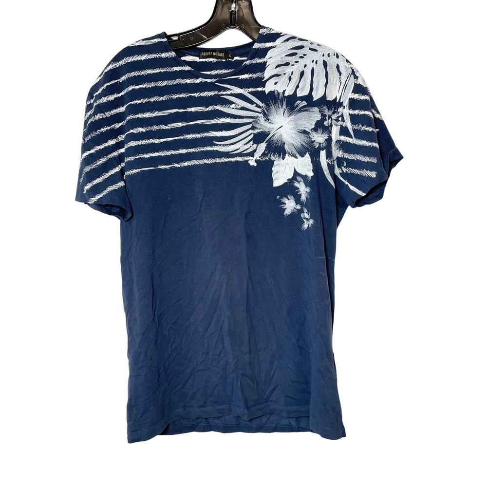 Antony Morato Floral Short Sleeve T-Shirt Blue Large Men Cotton Crew Neck Casual